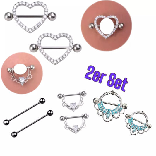 2er Set Nippelpiercing Herz Schild Silber Schwarz